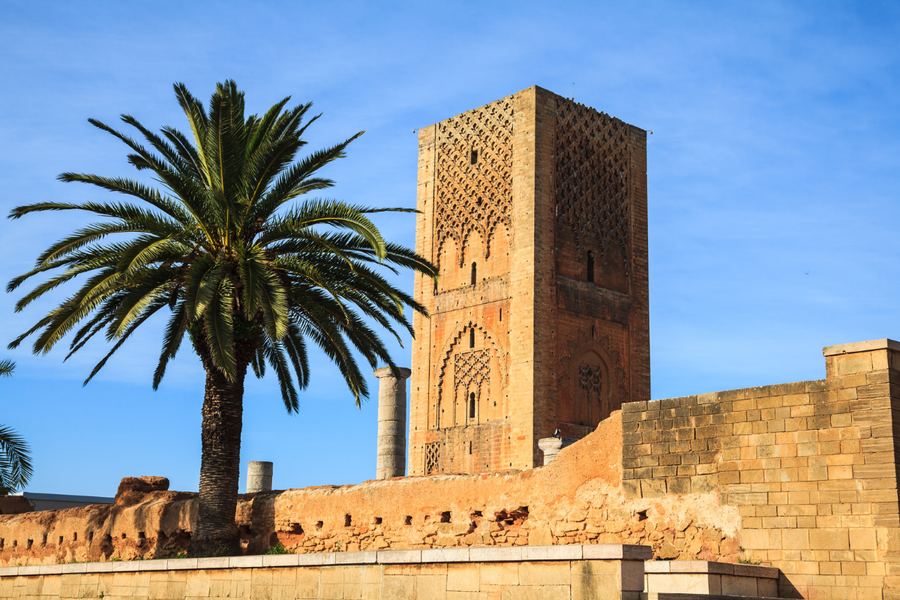 Rabat, Maroc — Tour Hassan et palmiers